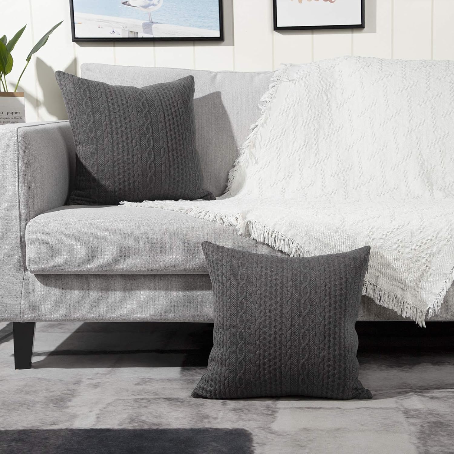 Pack of 2 Super Soft Decorative Throw Pillow Covers Square Cushion Cases Pillowcases for Couch Sofa Bedroom Car Modern Embossed Patterned,18 X 18 Inch,Grey