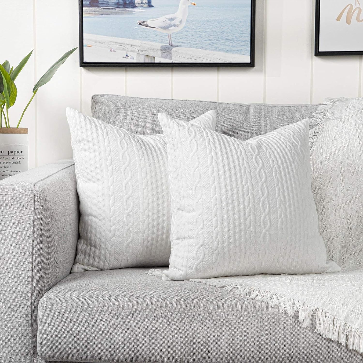 Pack of 2 Super Soft Decorative Throw Pillow Covers Square Cushion Cases Pillowcases for Couch Sofa Bedroom Car Modern Embossed Patterned,24 X 24 Inch,White