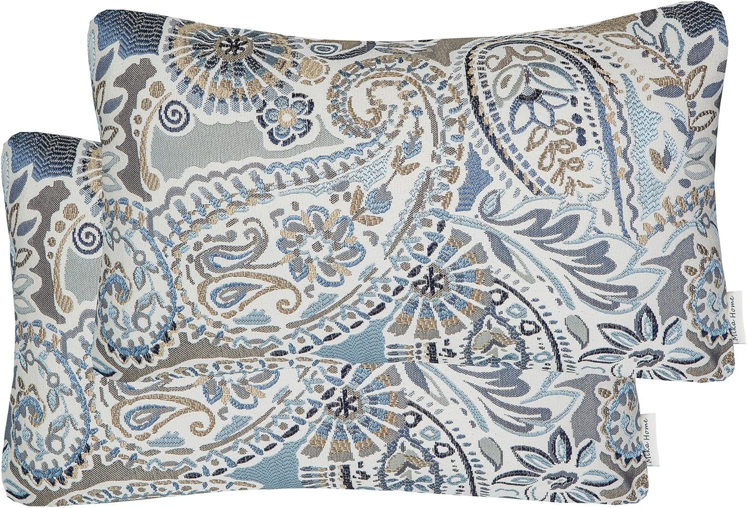 Pack of 2 Oblong Rectangular Throw Pillow Cover Cushion Cases for Sofa Couch Chair,Paisley Pattern,12X20 Inches,Blue Brown Cream Multicolor