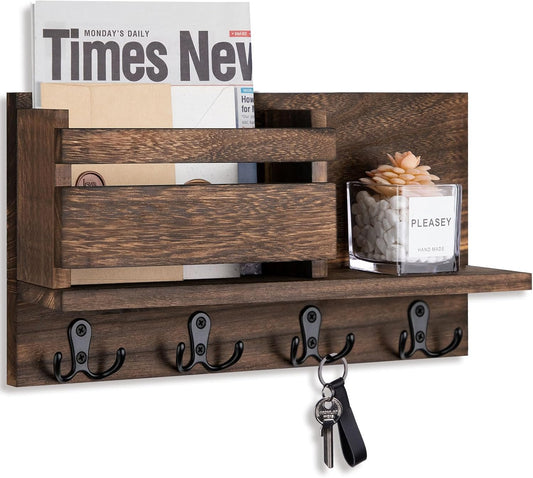 Key and Mail Holder for Wall Decorative - Rustic Mail Organizer Wall Mount, Wooden Letter Sorter Organizer with 4 Key Rack Hooks for Hallway Kitchen Farmhouse Decor (Brown)