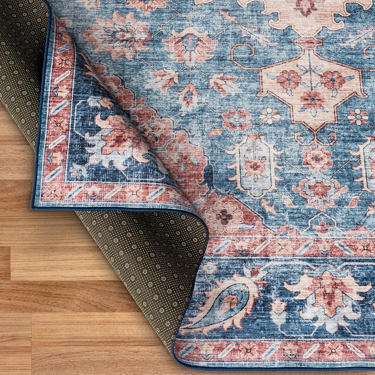 Realife Machine Washable Rug - Stain Resistant, Non-Shed - Eco-Friendly, Non-Slip, Family & Pet Friendly - Made from Premium Recycled Fibers - Distressed Vintage Medallion - Light Blue - 2'6" X 8'