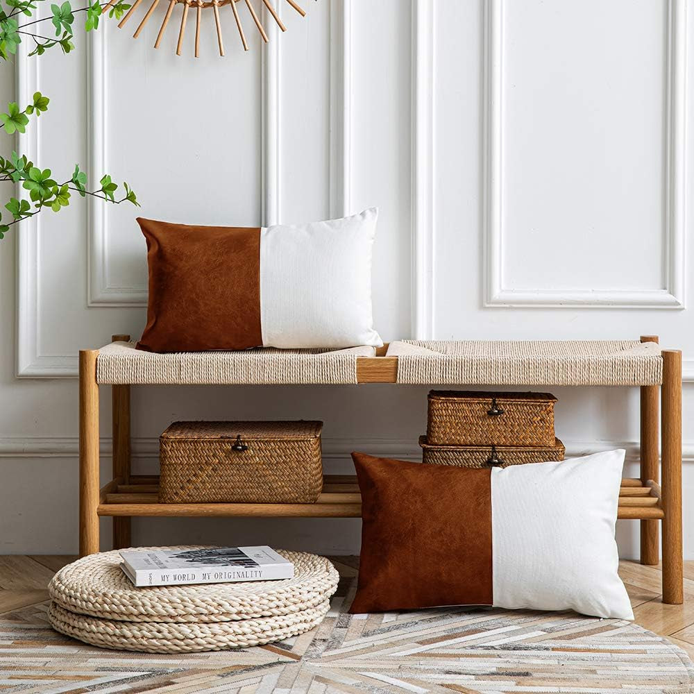 Leather Throw Pillow Covers, Set of 2 Modern Leather/Cotton Decorative Pillowcases for Home Decor Bedroom Living Room Couch Bed Sofa, 12X20 Inch, Cognac-Brown and White