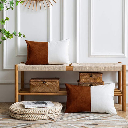 Leather Throw Pillow Covers, Set of 2 Modern Leather/Cotton Decorative Pillowcases for Home Decor Bedroom Living Room Couch Bed Sofa, 12X20 Inch, Cognac-Brown and White