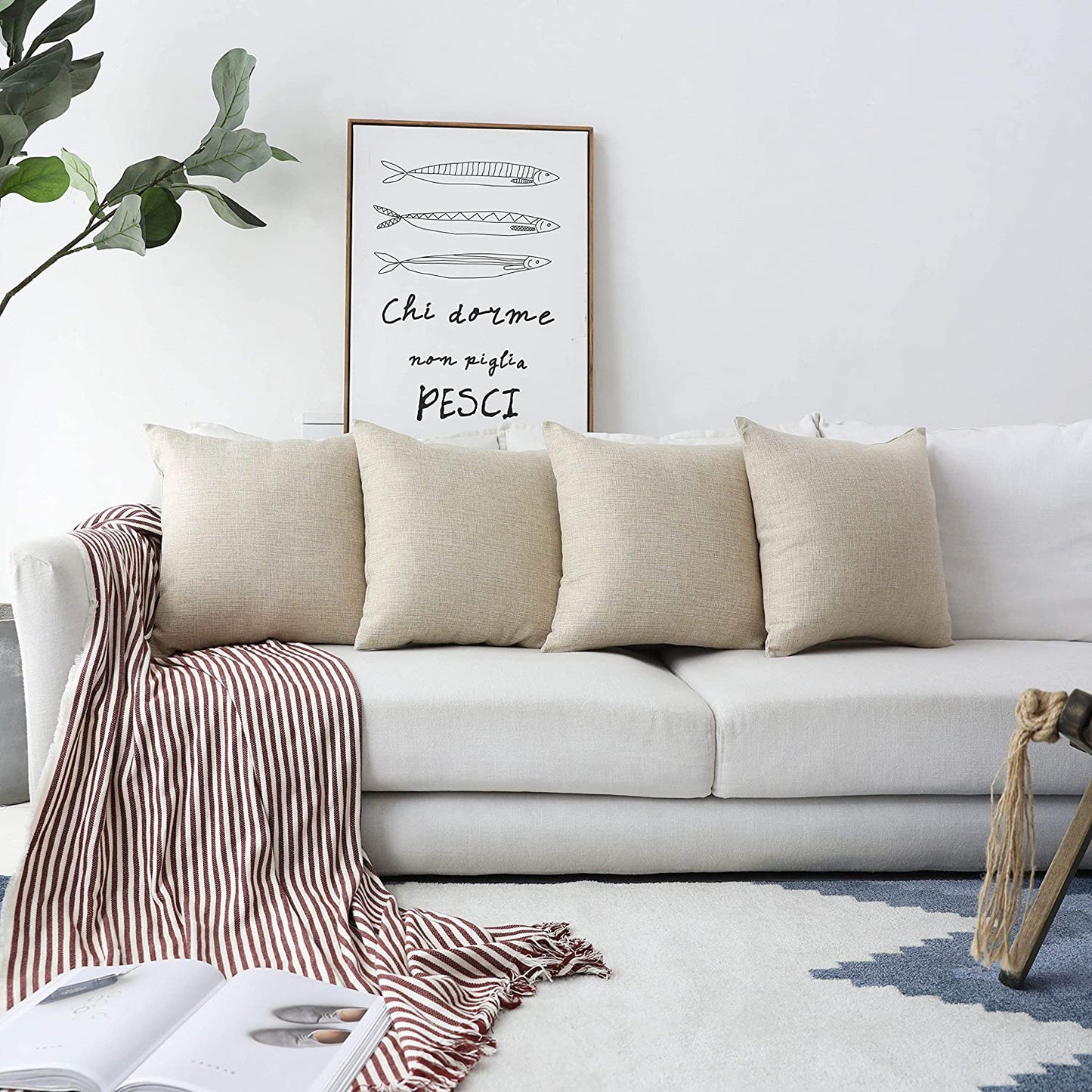 Linen Throw Pillow Cover Burlap Square Cushion Cover Pillow Sham for Couch Living Room Holiday Decor, Light Linen, 18X18 Inches(45Cm)