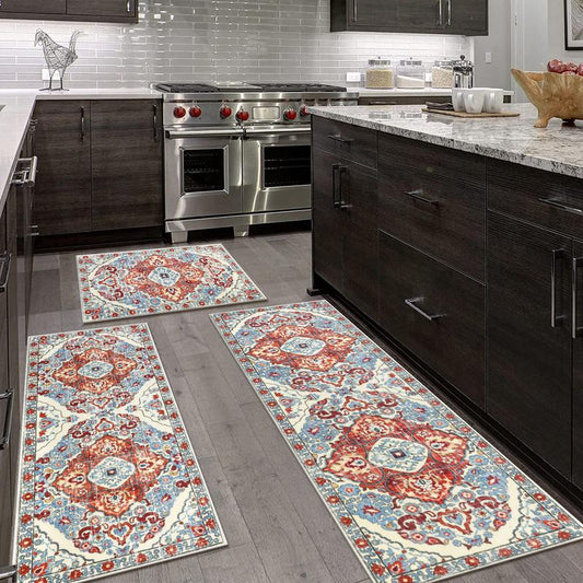 [Fallfreshness] HEBE Washable Farmhouse Kitchen Rugs Sets of 3 Non Slip Kitchen Rugs and Mats Boho Kitchen Mats for Floor Kitchen Runner Rug Kitchen Carpet Rug Runner for Hallways Kitchen Laundry