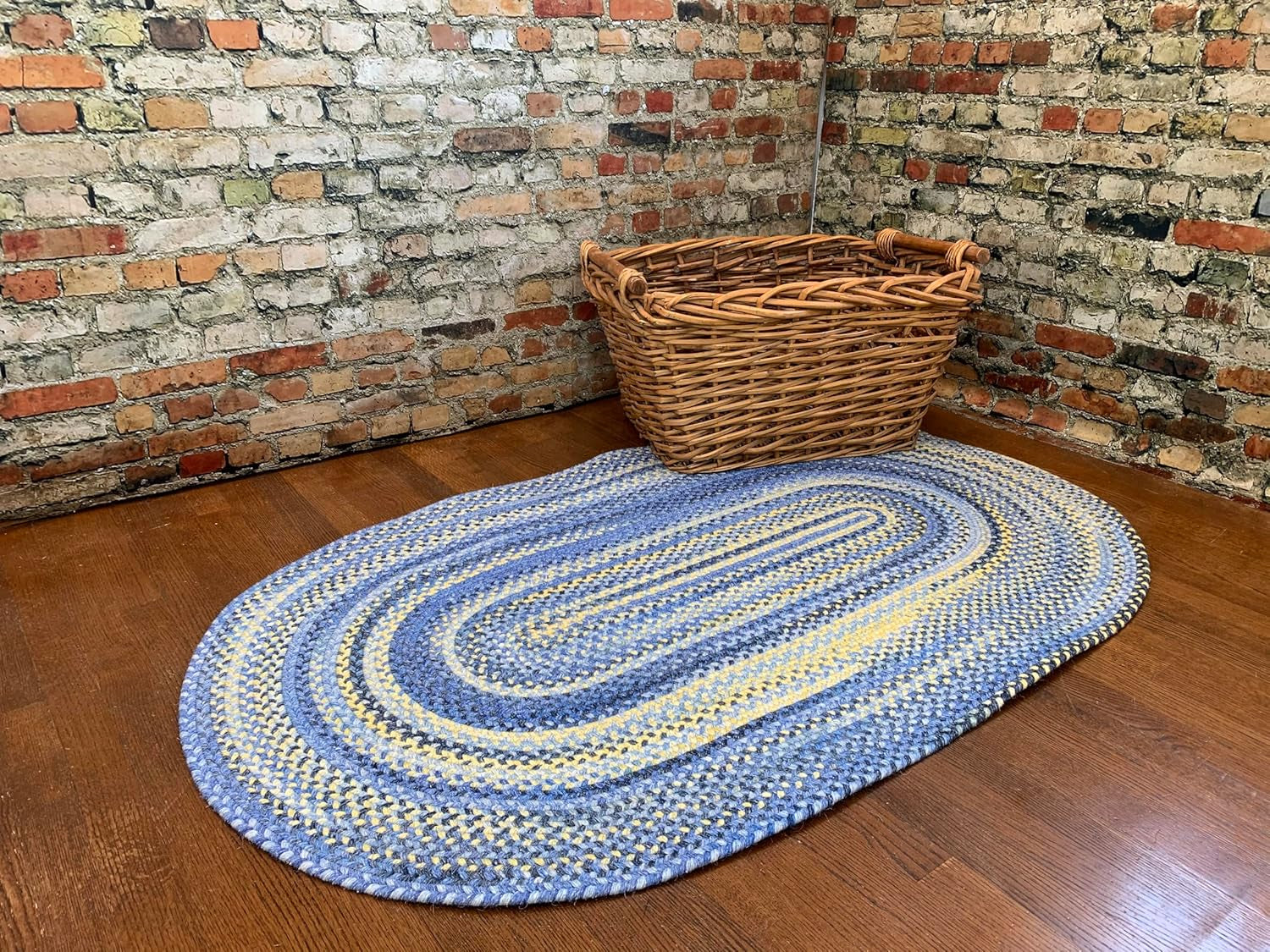 American Heritage Blue Yellow 0' 24" X 0' 48" Oval Braided Rug