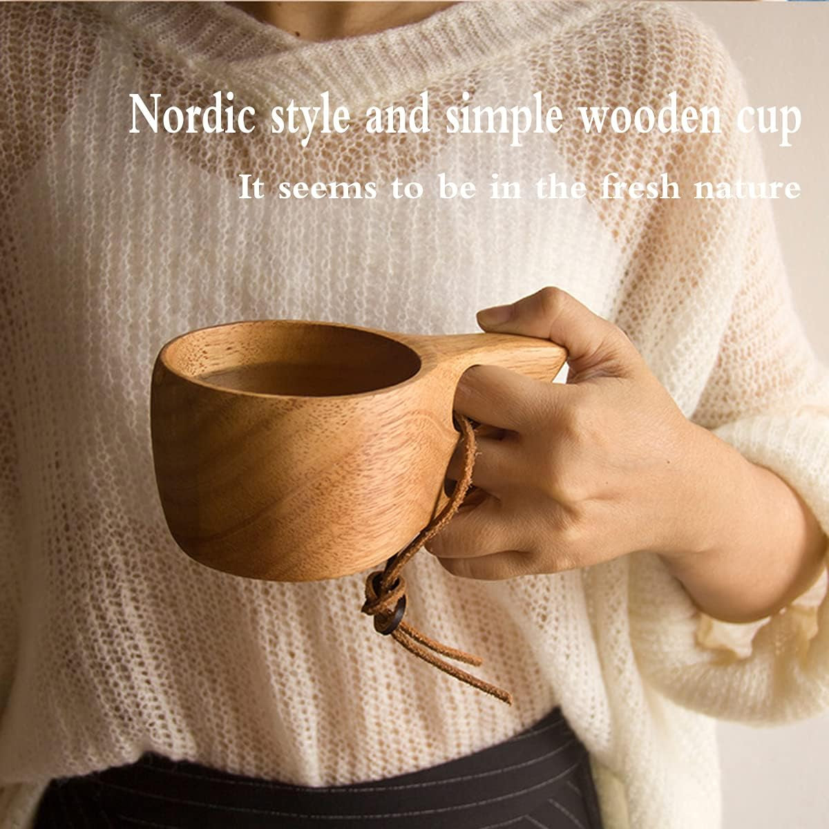 Mochiglory Wooden Mug Nordic Style Handmade Natural, Portable Wooden Drinking Cup for Coffee, Tea and Milk