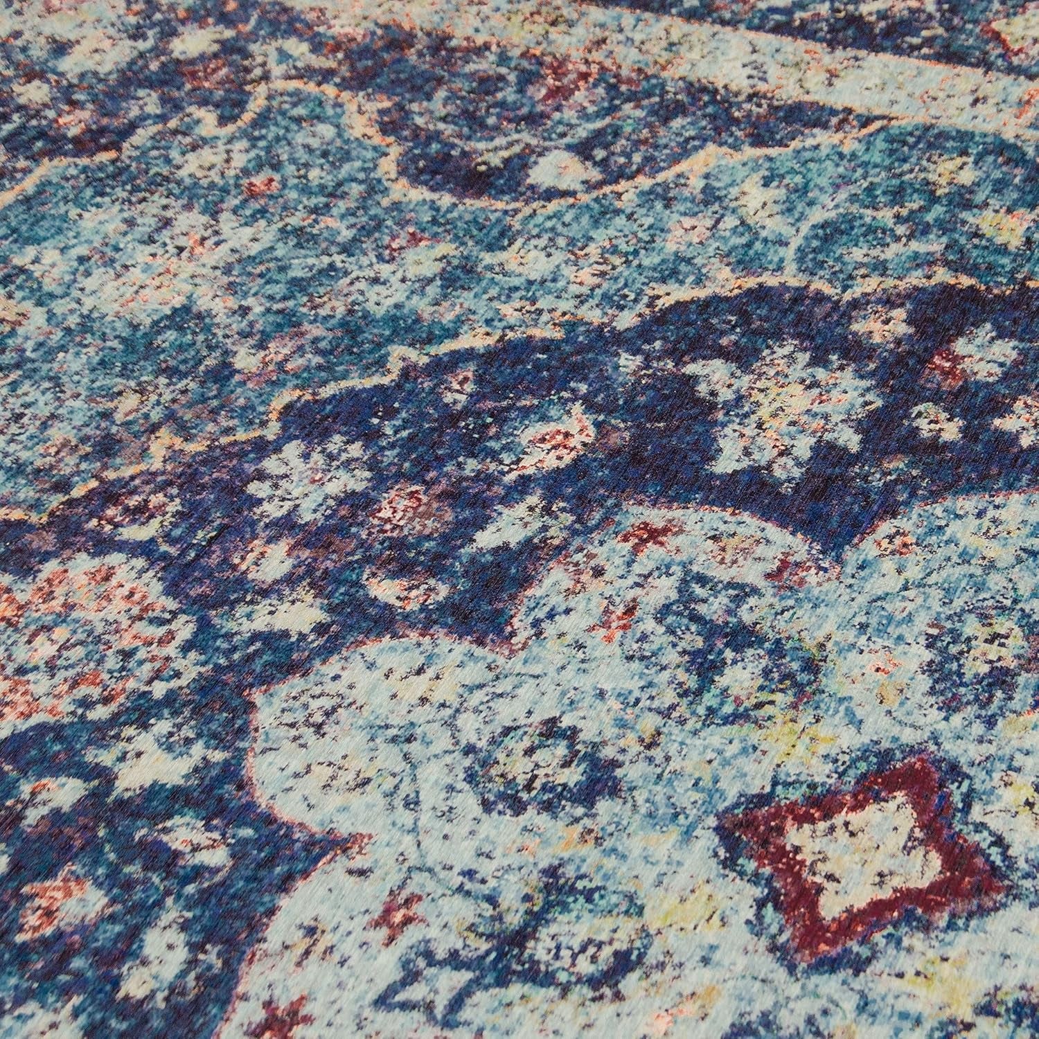 Realife Machine Washable Rug - Stain Resistant, Non-Shed - Eco-Friendly, Non-Slip, Family & Pet Friendly - Made from Premium Recycled Fibers - Vintage Distressed Medallion - Blue, 4' X 6'