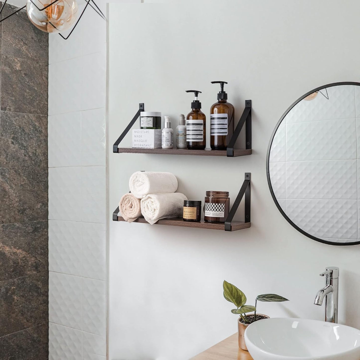 Rustic Brown Floating Shelves for Bathroom, Bedroom, Living Room, Kitchen, 2-Pack Solid Wood Wall Shelf over Toilet, Modern Décor