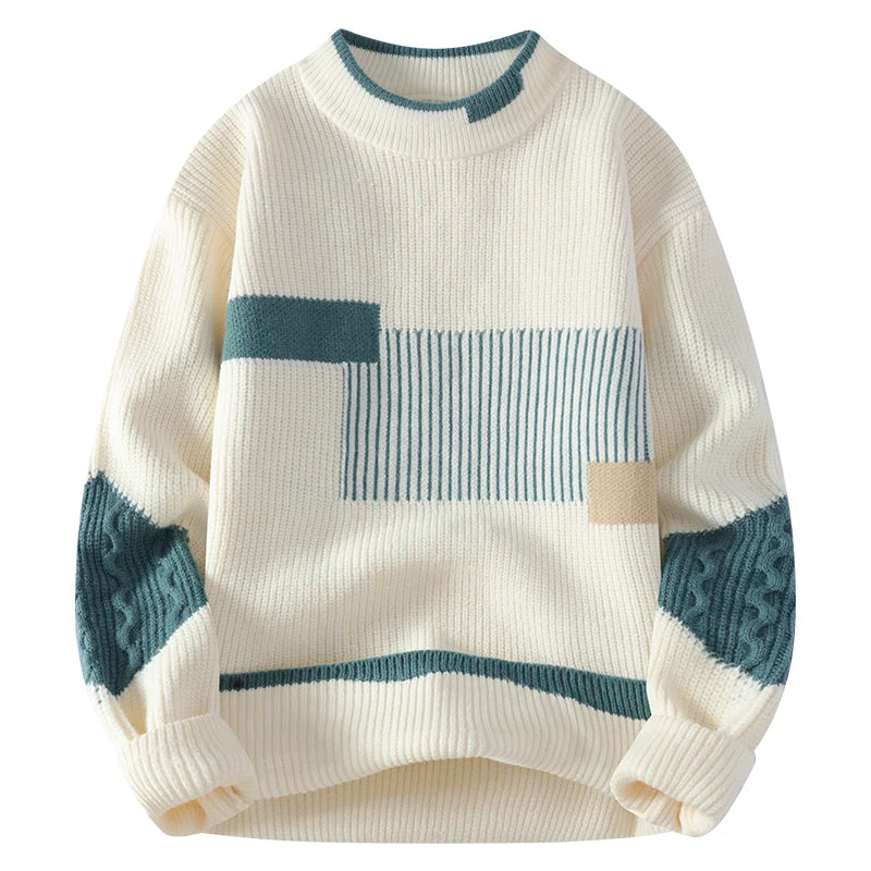 Men'S Mock Neck Knitted Sweater Fashion Patchwork Knitting Pullovers Men Autumn Winter Daily Casual Warm Pullover Sweaters Man