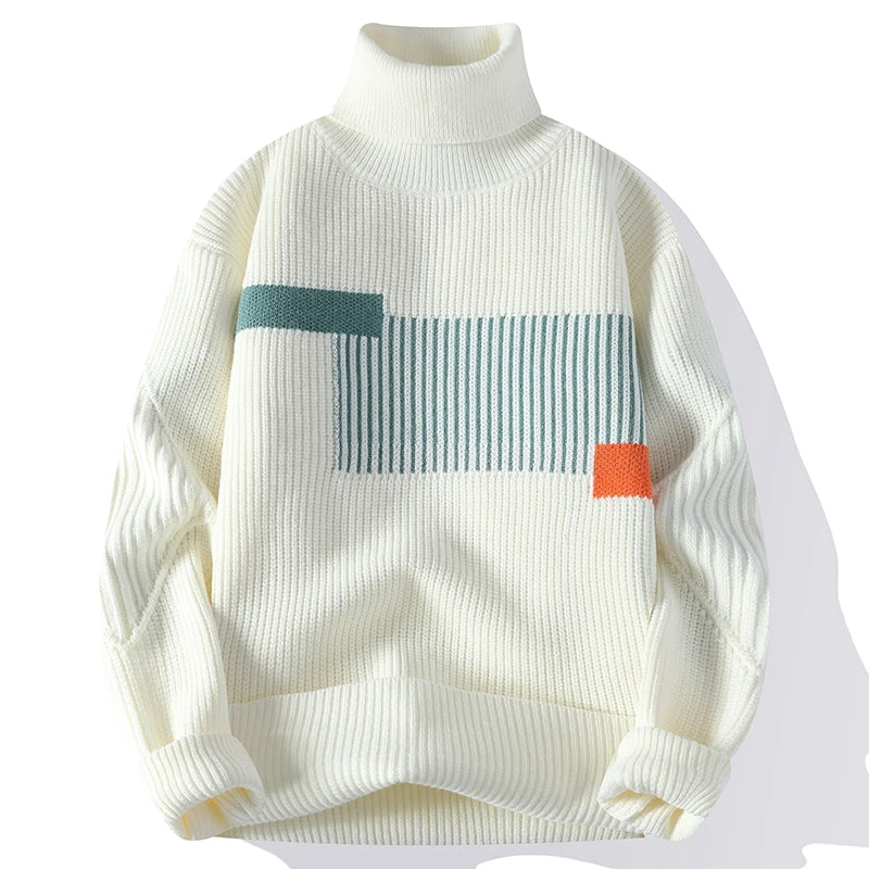 Autumn Winter Fashion Turtleneck Sweater Men Patchwork Knit Pullovers Korean Casual Sweaters Loose Mens Warm Pullover Knitwear