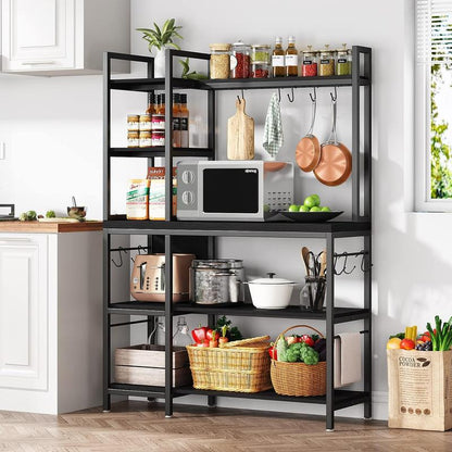Tribesigns 63 Inch Tall Kitchen Racks, 5-Tier Bakers Rack with Storage and 10 Hooks for Kitchen Metal Organiser, Industrial Wood Shelf Room Wooden