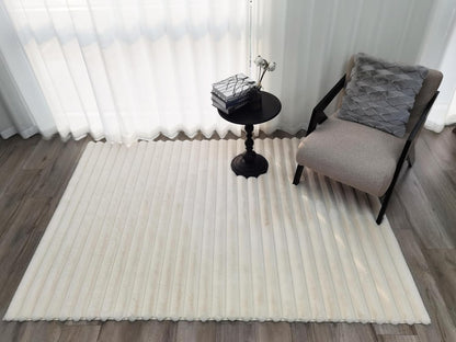 Area Rugs Striped Soft Faux Rabbit Fur Rug 5X7 Becky Beige Plush Carpet Shag Cozy Fluffy Rug Non Slip Rugs, Machine Washable Shaggy Area Rug Bedroom Living Room and Dining Room.