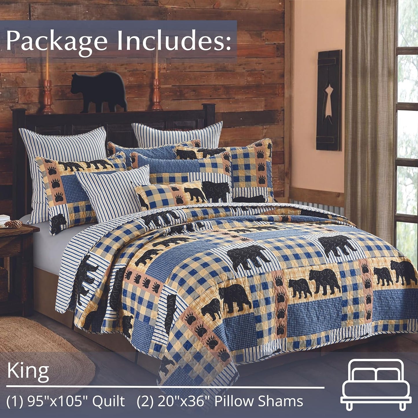 3 Piece King Lodge Quilt Bedding Set - Black Bear Plaid - Rustic Cabin Country Reversible Camping Comforter Set with Decorative Pillow Shams, Blue/Black