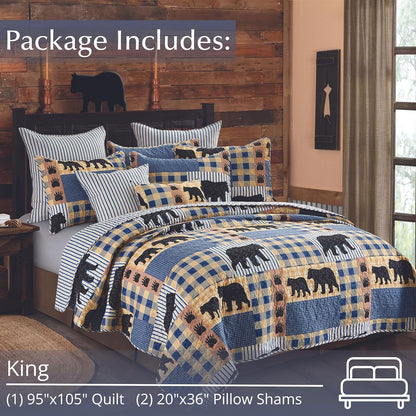 3 Piece King Lodge Quilt Bedding Set - Black Bear Plaid - Rustic Cabin Country Reversible Camping Comforter Set with Decorative Pillow Shams, Blue/Black