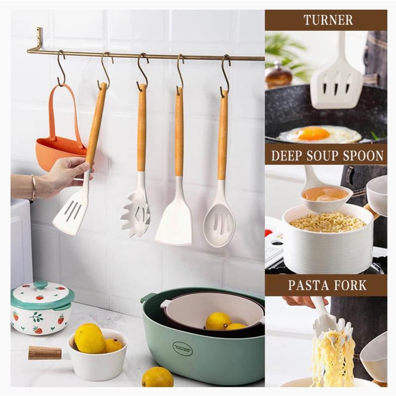 Kitchen Cooking Utensils Set, 33 Pcs Non-Stick Silicone Cooking Kitchen Utensils Spatula Set with Holder, Wooden Handle Silicone Kitchen Gadgets Utensil Set