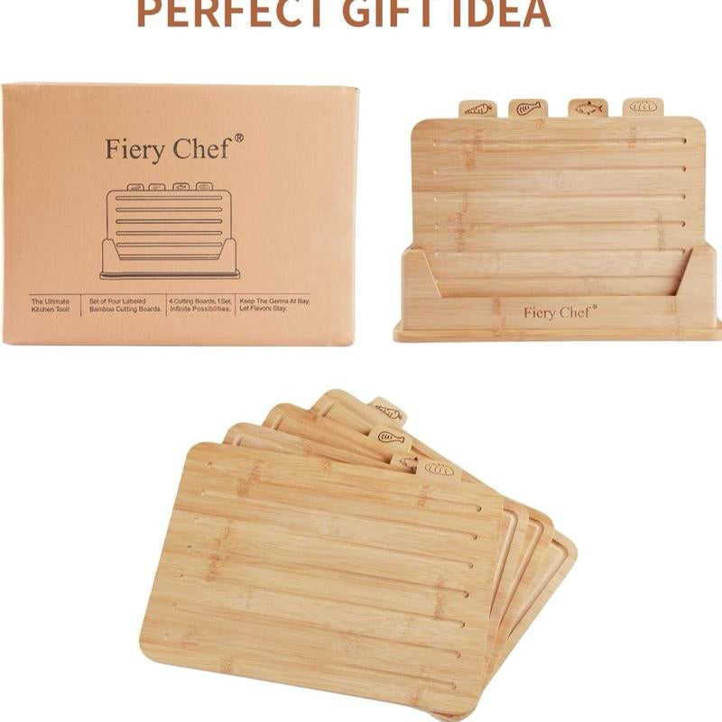 12.6"L X 9"W Bamboo Cutting Board Set of 4 - Wood Cutting Board Set with Holder