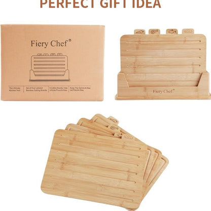 12.6"L X 9"W Bamboo Cutting Board Set of 4 - Wood Cutting Board Set with Holder