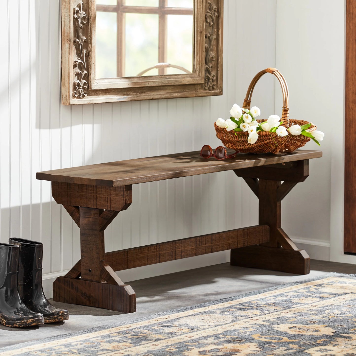 46" Meranti Wood Farmhouse Bench for Entryway, Garden, Patio