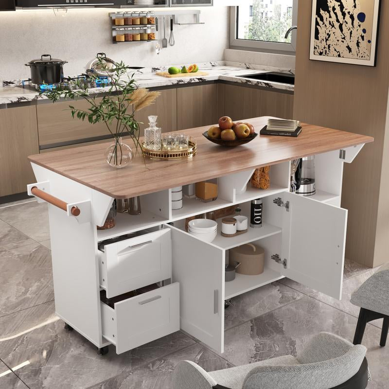 FUFU&GAGA Kitchen Island with Storage, Rolling Kitchen Island on Wheels with Drop-Leaf Bar Countertop, Island Table for Kitchen with Side Open Spice Rack and Tower Rack, Extra Storage for Kitchen