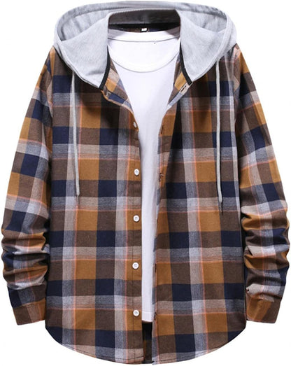 Plaid Flannel Hoodie Jacket Long Sleeve Casual Button up Quilted Buffalo Thermal Sweatshirt Fall Winter Outwear(Coffee,X-Large)