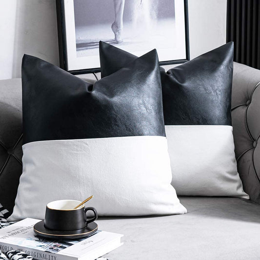 Faux Leather with 100% Cotton Decorative Throw Pillow Covers for Couch Bed Sofa, Set of 2 18 X 18 Inch Modern Home Decor Accent Square Bedroom Living Room Cushion Cases Cognac, Black and White