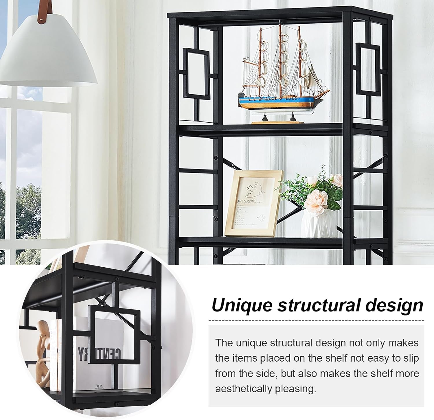 Tall Bookshelf, Industrial Bookshelf with Metal Frame and Open Shelves, 6 Tier Metal Bookshelves and Bookcases, Rustic Bookcase, Tall Book Shelf for Office, Living Room and Bedroom, Black