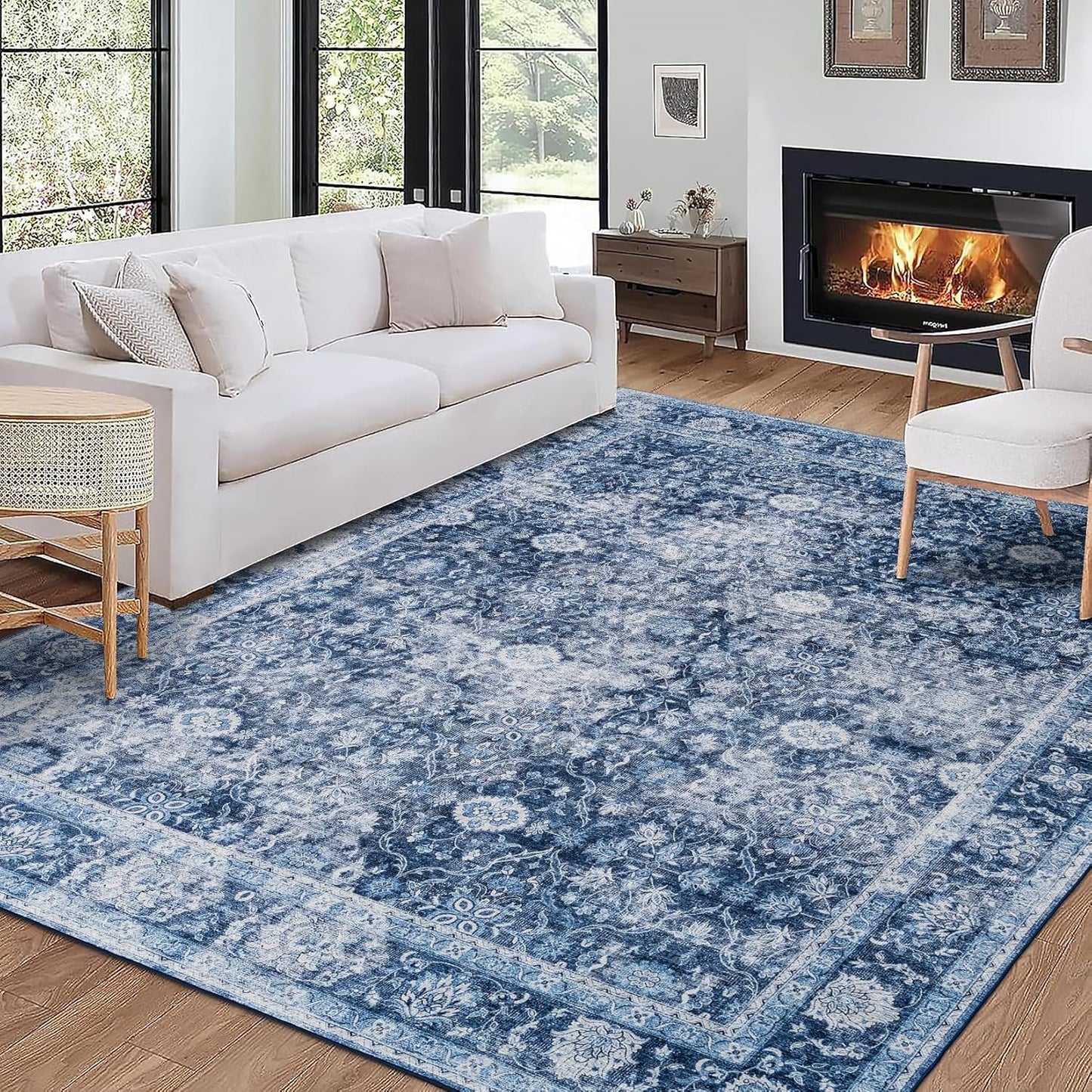 Machine Washable Area Rug - Living Room Bedroom Bathroom Kitchen Entryway Office - Padded Low Pile Stain Resistant Premium - Boho Farmhouse Vintage - Noor - Blue 4' X 6'