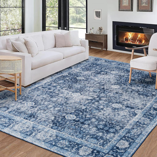 Machine Washable Area Rug - Living Room Bedroom Bathroom Kitchen Entryway Office - Padded Low Pile Stain Resistant Premium - Boho Farmhouse Vintage - Noor - Blue 4' X 6'