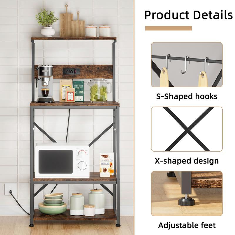 Walsunny 23.6" Standing Bakers Rack with Power Outlet, Kitchen Organizers and Storage with 6 Hooks, Kitchen Shelf, Coffee Station Cabinet, Wooden