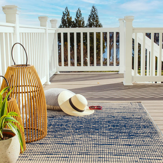 Abstract Distressed Stripes Outdoor Rug - Waterproof, Fade Resistant, Crease-Free, Reversible - Premium Recycled Plastic - Patio Porch Balcony Deck - Brooklyn Blue - 8X10 Ft