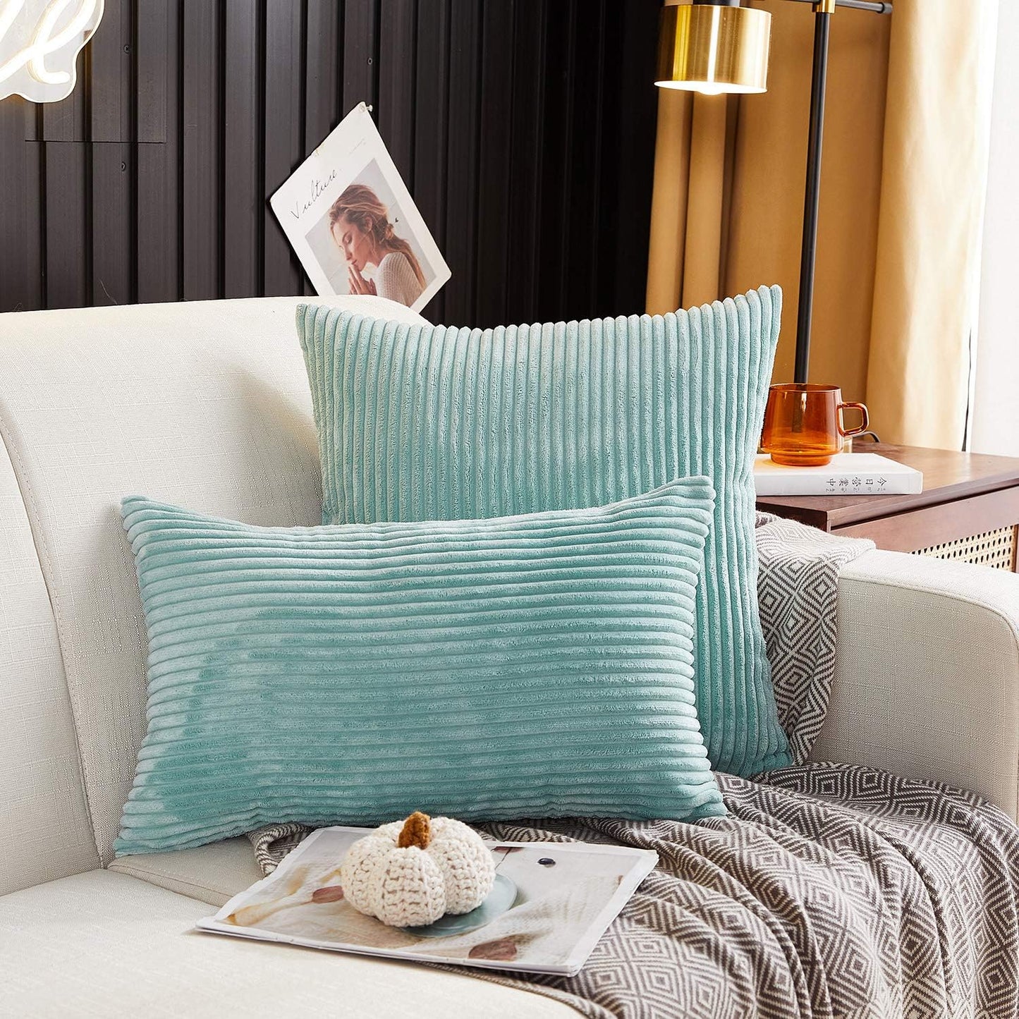 Pack of 2, Corduroy Soft Decorative Square Throw Pillow Cover Cushion Covers Pillowcase, Home Decor Decorations for Sofa Couch Bed Chair 18X18 Inch/45X45 Cm (Striped Light Green)