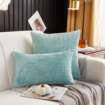 Pack of 2, Corduroy Soft Decorative Square Throw Pillow Cover Cushion Covers Pillowcase, Home Decor Decorations for Sofa Couch Bed Chair 18X18 Inch/45X45 Cm (Striped Light Green)