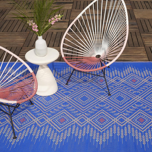 Outdoor Rug - Waterproof, Fade Resistant, Crease-Free, Reversible - Premium Recycled Plastic - Boho Southwestern - Patio, Porch, Deck, Balcony - Jodhpur - Multi Blue - 5 X 8 Ft