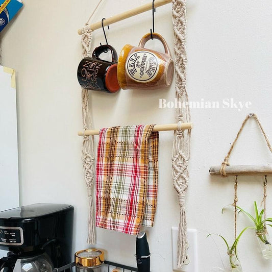 Macrame Kitchen Towel Coffee Mug Holder, Boho Kitchen Decor