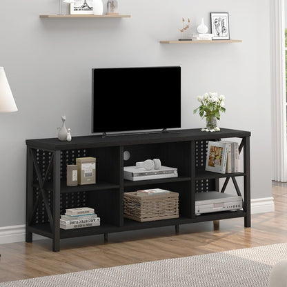 Black Entertainment Center, Modern Wood Metal TV Stand for 65 Inch TV, Industrial Television Stands with Cabinet Storage, Farmhouse Media Console Tables for Home Living Bedroom, Black Oak, 55 Inch