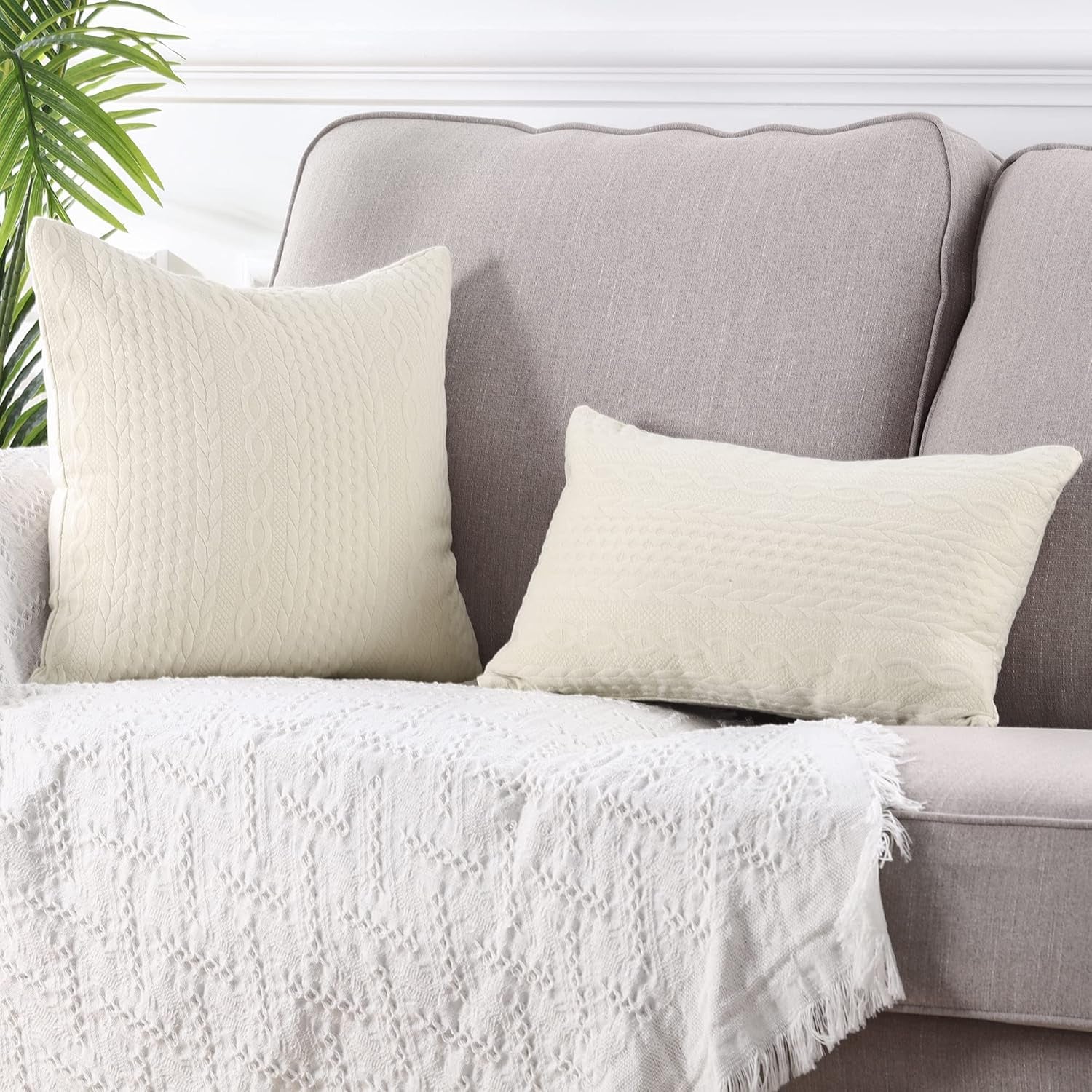 Pack of 2 Super Soft Decorative Throw Pillow Covers Square Cushion Cases Pillowcases for Couch Sofa Bedroom Car Modern Embossed Patterned,16 X 16 Inch,Beige