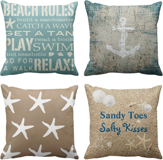 Set of 4 Throw Pillow Covers Beach Starfish Words Rules Holiday Summer Nautical Anchor Distressed Taupe Decorative Pillow Cases Home Decor Square 18X18 Inches Pillowcases