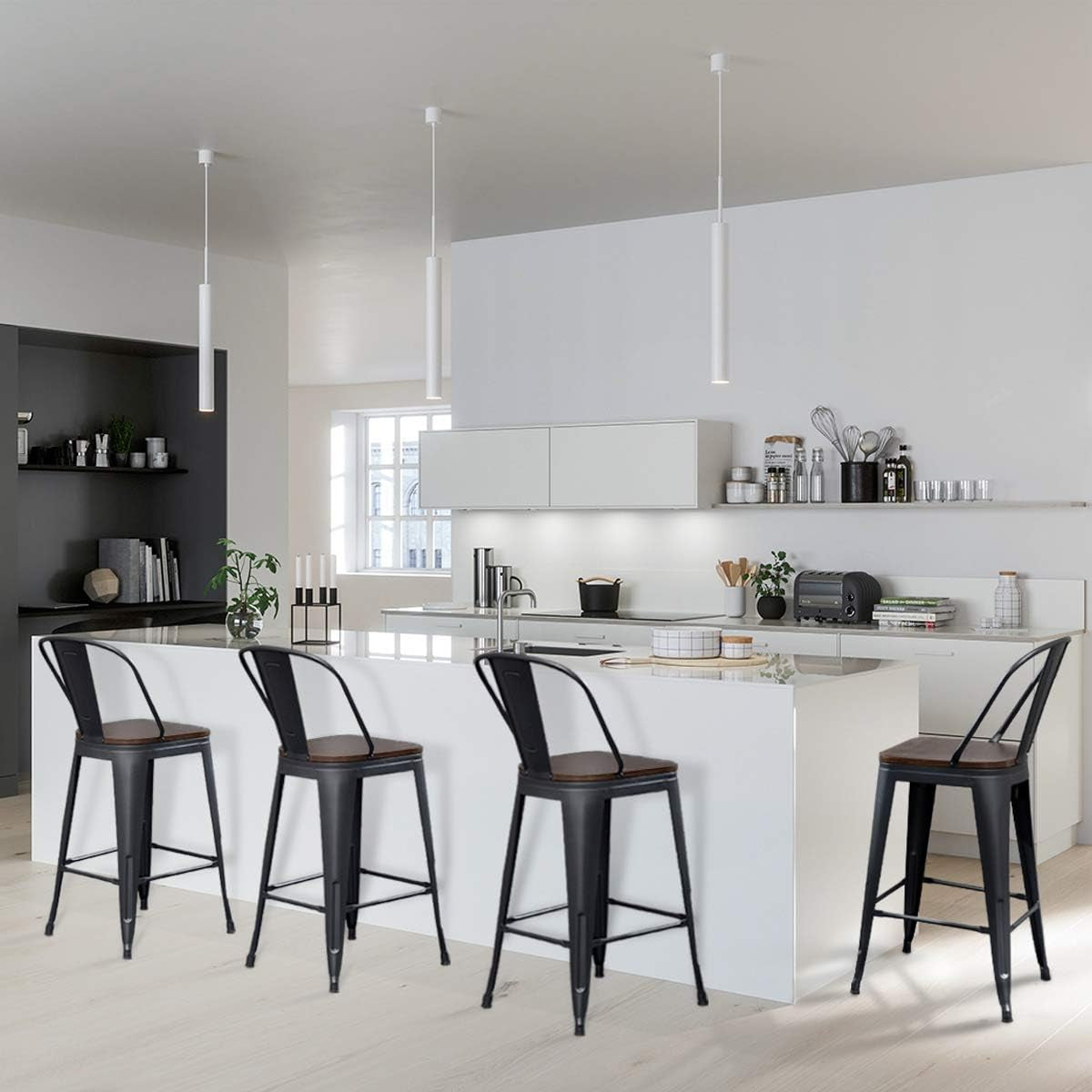 Metal Bar Stools Set of 4,24 Inch Barstools Counter Height Bar Stools with Backs Farmhouse Bar Stools with Larger Seat High Back Kitchen Dining Chairs Modern Bar Chairs Matte Black Stool
