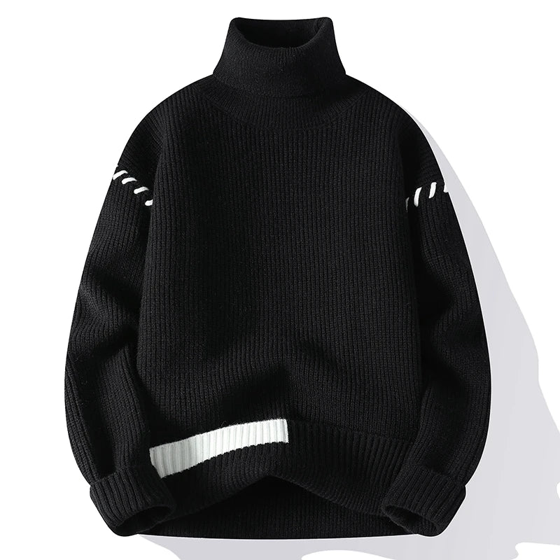 New Fashion Youthful Vitality Mens Turtleneck Sweater Autumn Winter Loose Casual Knitted Pullovers Men Warm Patchwork Knitwear