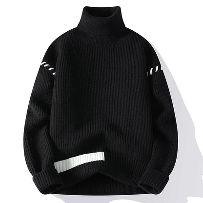 New Fashion Youthful Vitality Mens Turtleneck Sweater Autumn Winter Loose Casual Knitted Pullovers Men Warm Patchwork Knitwear