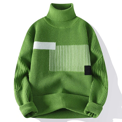 Autumn Winter Fashion Turtleneck Sweater Men Patchwork Knit Pullovers Korean Casual Sweaters Loose Mens Warm Pullover Knitwear