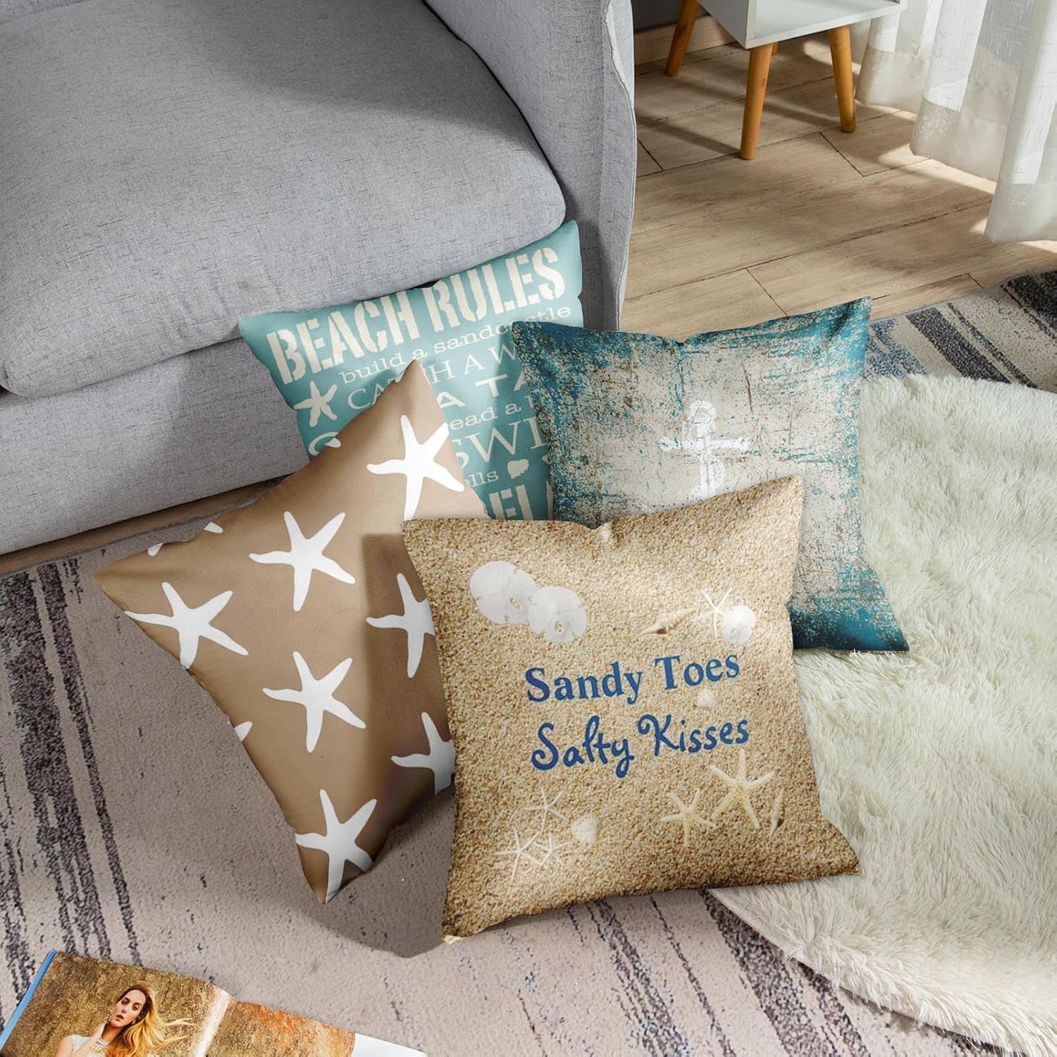 Set of 4 Throw Pillow Covers Beach Starfish Words Rules Holiday Summer Nautical Anchor Distressed Taupe Decorative Pillow Cases Home Decor Square 18X18 Inches Pillowcases