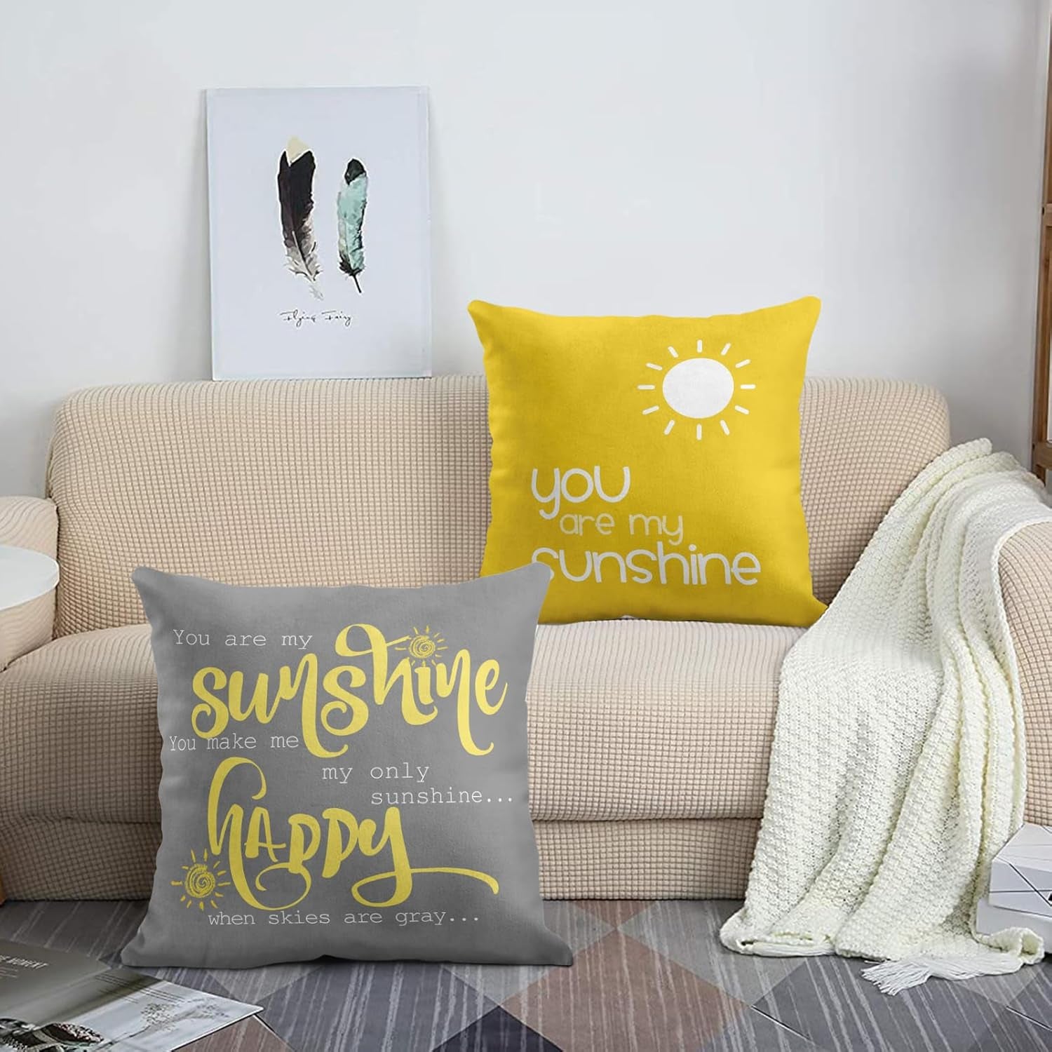 Set of 4 Throw Pillow Covers You Are My Sunshine Yellow Gray with Words Decorative Pillow Cases Home Decor Square 16X16 Inches Pillowcases