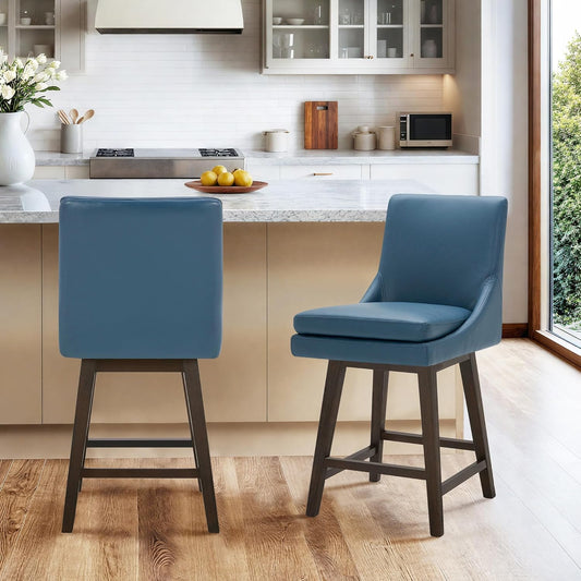 Counter Height Swivel Barstool, FSC Certified Upholstered Bar Stool, 26.8" H Seat Height, PU Leather in Dark Blue