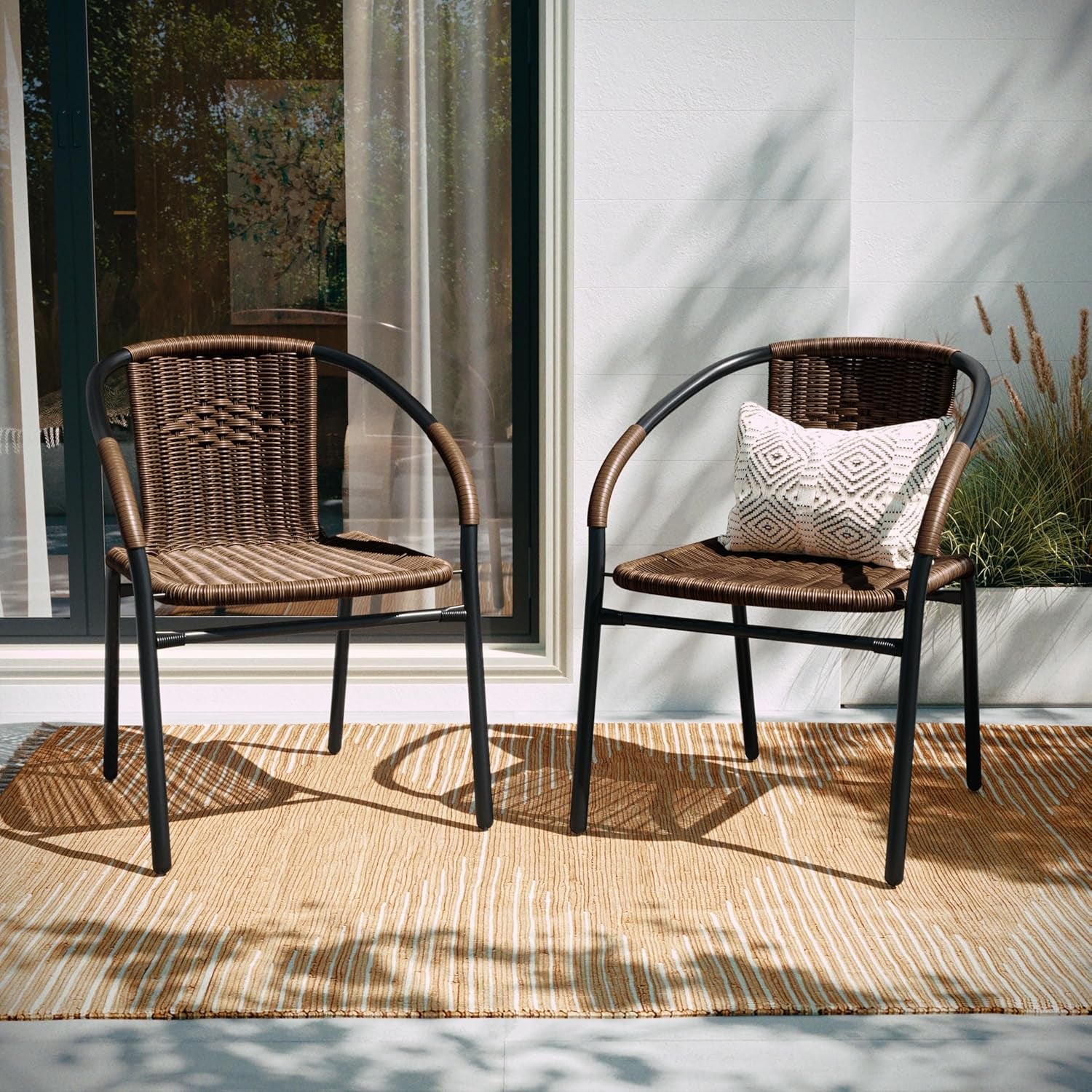 Set of 2 Modern Rattan Indoor/Outdoor Stack Chairs, Stacking Rattan Patio Chairs with Curved Back and Cross Bracing, Brown