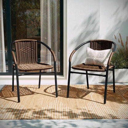 Set of 2 Modern Rattan Indoor/Outdoor Stack Chairs, Stacking Rattan Patio Chairs with Curved Back and Cross Bracing, Brown