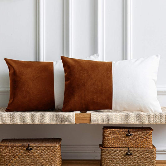 Leather Throw Pillow Covers, Set of 2 Modern Leather/Cotton Decorative Pillowcases for Home Decor Bedroom Living Room Couch Bed Sofa, 12X20 Inch, Cognac-Brown and White