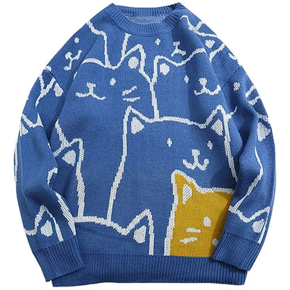 Cartoon Cat Knitted Sweater - Oversized Vintage Style for Winter