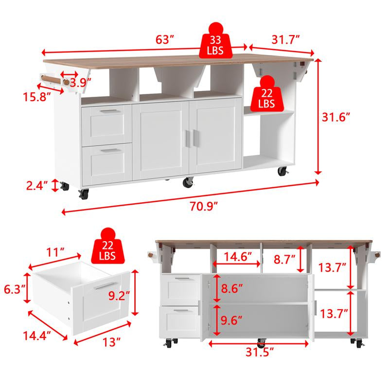 FUFU&GAGA Kitchen Island 54" Large Rolling Kitchen Island Cart on Wheels with Drop Leaf Breakfast Bar Spice Towel Rack Mobile Island Table for Kitchen with Storage, Moveable Cabinet Drawer